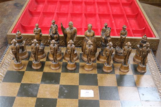 An American Civil War theme chess set, together with a chequer board